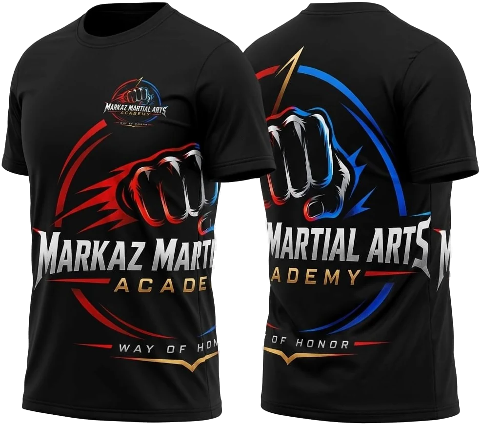 Markaz Martial Arts Academy shirt, front and back