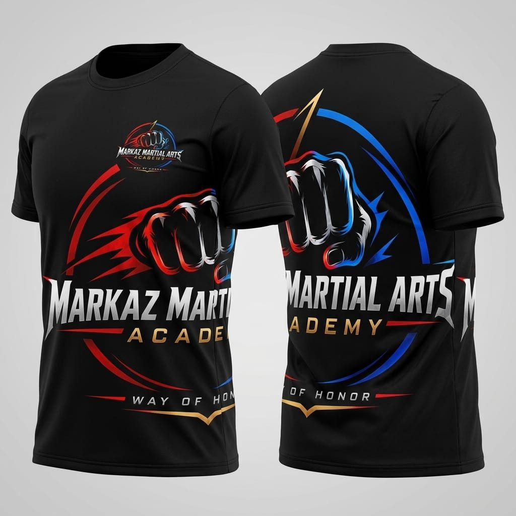 Markaz Martial Arts Academy shirt, front and back